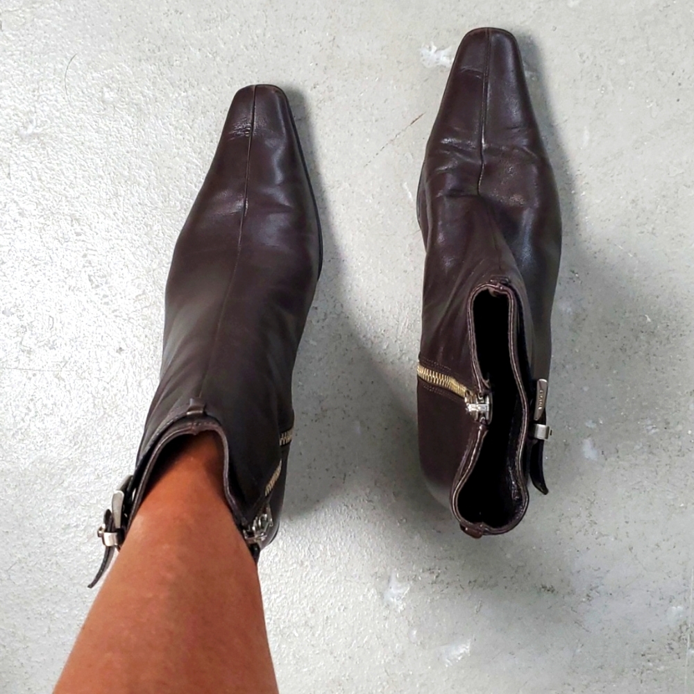 Prada chocolate brown leather bootie with kitten heel.  Size 5.5